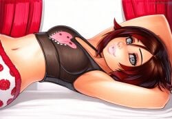 2025 ai_generated artist_name black_hair breasts crazyfishbones female looking_at_viewer lying multicolored_hair navel red_hair ruby_rose rwby short_hair solo