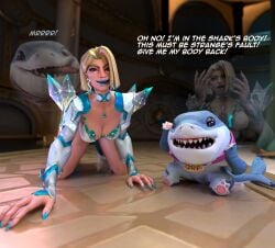 body_swap body_switch bodyswap dumb_face emma_frost emma_frost_(marvel_rivals) english_text fish jeff_the_land_shark marvel_rivals personality_switch pet_play thighs tsf