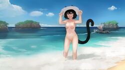 animal_ears beach black_hair breasts catgirl hat nipples nude original paintrfiend pussy short_hair tail uncensored