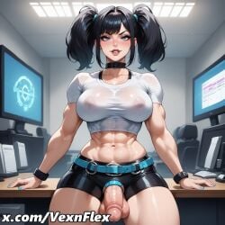 abs ai_generated belt belt_buckle black_hair black_shorts blue_eyes breasts buckle collar collarbone crop_top desk female flaccid foreskin futanari goth goth_girl hi_res high_resolution indoors large_breasts large_testicles looking_at_viewer midriff monitor muscular muscular_female nail_polish navel penis see-through shirt short_shorts shorts solo testicles thighs twintails uncensored veins veiny_penis vexnflex violet_(vexnflex) watermark white_shirt