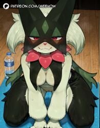 (creature) ai_generated areola_slip blush body_fur bottle breast_curtains breasts closed_mouth female furry furry_female green_fur green_hair indoors looking_at_viewer meevow meowscarada oerba_yun_fang patreon_username pokémon_(species) pokemon pokemon_(species) pokephilia pussy pussy_juice red_eyes smile solo sweat thighs uncensored water_bottle wooden_floor