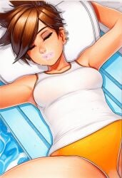 2025 ai_generated artist_name brown_hair closed_eyes crazyfishbones female lying on_back one-piece_swimsuit short_hair smile solo swimsuit tracer_(overwatch)