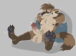 anthro armpit_hair armpit_tuft balls bodily_fluids body_hair brown_body brown_fur chest_hair claws creakyfox cum erection feet fur genital_fluids genitals glans grin guardians_of_the_galaxy hairy hairy_balls hi_res humanoid_genitalia humanoid_penis looking_down male male/male mammal marvel musk musk_clouds musky_penis nipples nude nude_anthro nude_male pawpads paws penis procyonid pubes raccoon red_eyes rocket_raccoon smile solo sweat sweatdrop sweaty_genitalia toe_claws