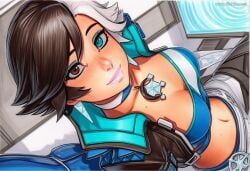 2025 ai_generated artist_name blue_eyes breasts brown_hair crazyfishbones female looking_at_viewer luna_snow lying marvel multicolored_hair navel short_hair solo