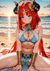 ai_generated aqua_eyes arm_support armlet bangs bare_arms bare_shoulders beach bikini blue_bikini blue_eyes blue_sky blush bracelet bracer breasts brooch circlet clavicle cleavage closed_mouth clothing cloud day english_text fake_horns female female female_only gem genshin_impact gold_trim hair_ornament harem_outfit horns jewelry jousneystudio large_breasts long_hair looking_at_viewer low_twintails medium_breasts midriff navel neck_ring nilou_(genshin_impact) ocean outdoors parted_bangs pelvic_curtain red_hair sand sidelocks sitting sky smile solo spread_legs stomach sunlight sunset sweat swimsuit thighs twintails veil very_long_hair water wet