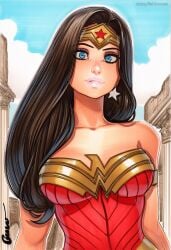 2025 ai_generated artist_name bare_shoulders blue_eyes breasts brown_hair cleavage crazyfishbones female lips long_hair looking_at_viewer solo wonder_woman