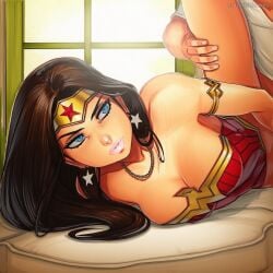 2025 ai_generated artist_name blue_eyes breasts brown_hair cleavage crazyfishbones dc dc_comics earrings female jewelry large_breasts long_hair solo wonder_woman wonder_woman_(series)