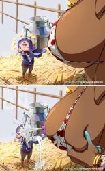 artist_request big_breasts cow_girl dark-skinned_female dark_skin frye_(splatoon) frye_onaga giantess huge_breasts inkling lactation milk milking_breasts minigirl nipples octoling shiver_(splatoon) shiver_hohojiro splatoon splatoon_(series) splatoon_3