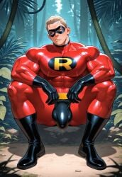 aged_up ai_art ai_generated arms_on_knees blonde_hair blue_eyes bored broad_shoulders bulge bulge_through_clothing dash_parr ginger_himboo hero_mask jungle latex_clothing latex_gloves latex_legwear latex_suit legs_spread looking_away male_only mask muscles muscles_through_clothes muscular muscular_abs muscular_arms muscular_chest muscular_legs muscular_male muscular_pecs muscular_pectorals muscular_shoulders muscular_thighs muscular_trap nipples_visible_through_clothing outside superhero_costume sweating sweaty the_incredibles wide_shoulders wide_spread_legs