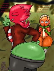 2boys a.k.e.e._(pvz) ass ass ass_focus big_penis bottom_heavy bulge bulge_through_clothing caked_up clothed clothing dialogue exposed_ass femboy hips huge_butt its_archville male male_only pants_down plant plants_vs_zombies plants_vs_zombies_2:_it's_about_time red_stinger_(pvz) side_view signature thick_thighs thighs twink wide_hips
