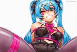 2025 ai_generated artist_name breasts crazyfishbones female fishnet_legwear fishnets hatsune_miku hatsune_miku_(append) long_hair smile solo twintails vocaloid