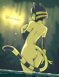2025 absurd_res animal_crossing ankha_(animal_crossing) anthro ass biped breasts domestic_cat felid feline felis female hair hi_res looking_at_viewer looking_back mammal marik_azemus34 nintendo nude pupils skinny_dipping solo standing tail text thick_thighs three-quarter_view