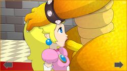 1boy 1girls blonde_hair blue_eyes bowser breasts clothed_female_nude_male crown dress fellatio female hand_on_head human indoors interspecies koopa long_hair male mario_(series) monster neonmonkey nintendo oral penis pink_dress princess_peach scalie size_difference straight super_mario_bros. testicles yellow_hair