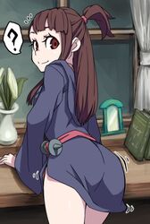 ? akko_kagari ass ass_in_dress back back_view bent_over_table brown_eyes brown_hair butt clothed clothing clueless dress female little_witch_academia long_hair looking_at_viewer looking_back loose_clothes loose_dress playful smile solo teasing uganda witch