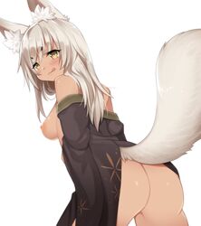 animal_ears ass bare_shoulders blush breasts female fox_ears fox_tail long_hair looking_at_viewer medium_breasts mofuaki nipples off_shoulder original sideboob simple_background smile solo tail white_background white_hair yellow_eyes