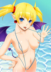 :p arcana_heart arcana_heart_2 blonde_hair blue_eyes breasts demon_tail demon_wings earrings fangs female hand_on_hip jewelry lilica_felchenerow medium_breasts navel nipples pointy_ears short_hair sling_bikini sling_bikini_aside solo swimsuit tail tomatto_(@ma!) tongue tongue_out water wings