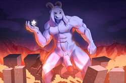 2016 abs anthro asriel_dreemurr balls biceps big_penis boss_monster caprine city destruction fire goat god_of_hyperdeath horn macro male male_only mammal muscular muscular_male nude pecs penis pubes solo soonico undertale vein video_games