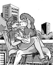 2017 bikini breast_grab breasts canine chair cheek_tuft chest_tuft claws closed_eyes clothing duo elbow_tufts exposed_breasts eyewear female footwear french_kissing greyscale hair hand_on_breast henrietta_hound kissing lounge_chair mammal mastery_position monochrome nipples outside saliva sandals sex short_hair sitting smile style_wager sunglasses swimsuit toe_claws tuft yuri