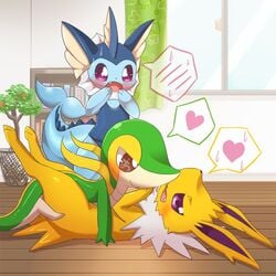 1boy ambiguous_gender ambiguous_penetration blush ecru eeveelution floor furry heart inside interspecies jolteon lying male missionary_position nintendo on_back penetration pokemon pokemon_(species) pokemon_bw sex snivy surprise vaporeon video_games