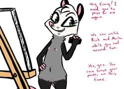 2017 anthro canvas cellphone dialogue disney easel english_text fan_character female flat_chest flat_chested green_eyes hand_on_hip inkyfrog jackie_(inkyfrog) mammal marsupial navel nipples nude opossum phone pussy simple_background text white_background zootopia