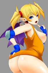 arcana_heart arcana_heart_2 ass bare_shoulders blonde_hair blue_eyes breasts demon_girl demon_wings elbow_pads fangs female fingerless_gloves from_behind gloves grey_background large_breasts lilica_felchenerow looking_back naked_shirt nipples no_panties open_mouth pointy_ears shirt short_hair simple_background smile solo tied_hair tomatto_(@ma!) twintails wings