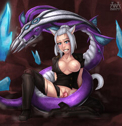 aaaninja animal_ears blue_eyes breasts clitoris clothed_sex final_fantasy final_fantasy_xiv interspecies miqo'te nipples panties panties_aside penis pussy serpent silver_hair tail vagina vaginal_penetration white_hair zoophilia