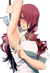 arm_up armpit armpit_fetish armpits big_breasts big_nipples blush bow color embarrassed eyes_half_open highres ishii_takamori long_hair mitsuru_kirijo nipple_bulge persona persona_3 pulling_shirt rapier red_bow red_eyes red_hair see-through_clothing steam sweat sweatdrop sword white_shirt