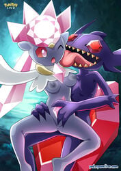 anthro bbmbbf bottomless breasts diancie duo female male mega_sableye nintendo one_eye_closed palcomix pokemon pokepornlive sableye tagme video_games wink