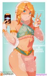 1boy androgynous blonde_hair blue_eyes blush breath_of_the_wild canon_crossdressing crack_the_moon crossdressing erection femboy gerudo_link gerudo_top gerudo_veil girly hourglass_figure hylian jewelry link link_(breath_of_the_wild) male male_only navel penis phone pointy_ears see-through selfie sheikah_slate solo stomach the_legend_of_zelda trap v veil