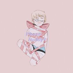 axis_powers_hetalia blonde_hair blue_eyes blush bondage boxers eduard_von_bock estonia_(hetalia) glasses male_only nervous present ribbon sweatdrop wrapped_up