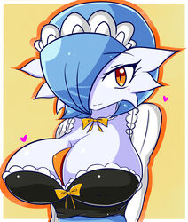 alternate_color blue_hair blue_skin blush bra breast_expansion breasts cleavage female gardevoir heart huge_breasts maid maid_headdress maid_uniform nintendo pokémon_(species) pokemon pokemon_(species) ribbon shiny_gardevoir shiny_pokemon solo_focus sugaru white_skin