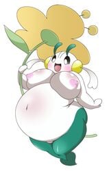 1girls areolae artist_request belly big_breasts black_eyes blush breasts fairy female female_only floette flower green_skin navel nintendo nipples nude open_mouth overweight pokemon pokemon_xy smile solo white_background white_skin