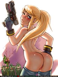 1girls artist_name ass bare_shoulders blonde blonde_hair blue_eyes blush breasts cleavage crimson-karma dat_ass female female_only gloves hips holding_gun large_breasts legs legwear long_hair metroid nintendo ponytail pussy samus_aran sideboob solo solo_focus thighs tied_hair topless vagina weapon web_address