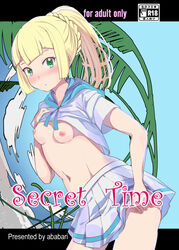 1girls ababarion absurdres areolae belly blonde_hair blush braid breasts clothed_sex comic cover cover_page doujinshi female highres human lillie_(pokemon) looking_at_viewer navel nintendo nipples no_bra panties pleated_skirt pokemon pokemon_sm ponytail school_uniform serafuku shirt_lift skirt small_breasts solo standing stomach straight text tied_hair underwear