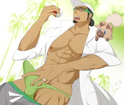 1boy abs bara bulge dark-skinned_male dark_skin erection facial_hair furry glasses green_panties hat human kukui_(pokemon) male male_only muscle nintendo pants_boxer pecs penis pokemon pokemon_sm rockruff solo underwear