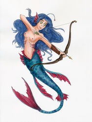 1girls 5_fingers blue_hair blue_tail bow_and_arrow female female_only gills head_fins jpeg mermaid mermaid_archer solo white_background yu-gi-oh!