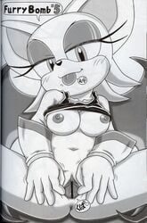 anthro anus bat breasts clitoris clothing female furry_bomb gloves karate_akabon mammal membranous_wings monochrome nipples presenting pussy rouge_the_bat rouge_the_rider shirt solo sonic_(series) sonic_riders spread_pussy tongue tongue_out wings