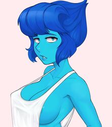 1girls alien_girl alternate_breast_size big_breasts blue_eyes blue_hair blue_skin busty cute female female_only hand_on_waist lapis_lazuli_(steven_universe) looking_at_viewer milky_way_(artist) no_bra short_hair sideboob simple_background solo steven_universe t-shirt tank_top white_background white_t-shirt