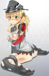 :< absurdres anchor_hair_ornament aqua_eyes ass blonde_hair blush breasts ecou feet female gloves hair_ornament hat highres honeycomb_(pattern) honeycomb_background kantai_collection long_hair medium_breasts military military_uniform nipples panties peaked_cap prinz_eugen_(kantai_collection) sitting soles solo tied_hair toes torn_clothes twintails underwear uniform wariza