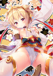 ahoge anchira_(granblue_fantasy) arm_behind_back between_breasts blonde_hair blush breasts breasts_out clothes_between_breasts detached_sleeves erun_(granblue_fantasy) female granblue_fantasy hairband konomi_(kino_konomi) leotard looking_at_viewer monkey_ears monkey_tail nipples partially_visible_vulva red_eyes short_hair small_breasts solo tears thighhighs white_legwear