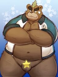 ashigara balls bandage bear body_hair censored clothed clothing eyebrows jacket lako male male_only mammal mohawk musclechub overweight penis small_penis tokyo_afterschool_summoners topless