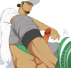 1boy ass bara dark-skinned_male dark_skin erection glasses hat human kukui_(pokemon) male male_only nintendo pants_boxer penis pokemon pokemon_sm sitting solo tagme testicles undressing