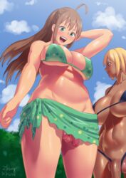 2017 2futas balls big_breasts bikini blonde_hair blue_eyes blush breasts busty censored cleavage clothing dark-skinned_futanari dark_skin dickgirl erection flaccid flaccid_penis futa_with_futa futanari gyaru human intersex kamiya_midori kuro_gyaru large_breasts opera_brest original pale_skin penis penis_under_skirt public testicles voluptuous zheng