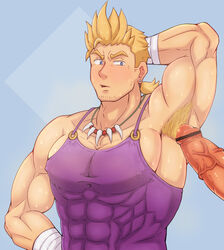 2boys abs armpit bara biore_(artist) blonde_hair blush body_hair censored erection large_penis male_only multiple_boys muscle pecs penis sweat yaoi