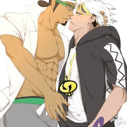 2boys bara bulge dark-skinned_male dark_skin erection frottage glasses guzma_(pokemon) hat human kukui_(pokemon) male_only multiple_boys muscle nintendo pants_boxer pokemon pokemon_sm text yaoi