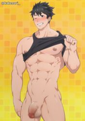 1boy abs black_eyes black_hair blush bottomless censored flaccid kakenari looking_at_viewer male_only muscle nipples pecs penis shirt_lift smile solo teeth testicles undressing wink yaoi