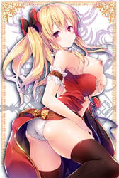 ass belt black_legwear blonde_hair blush breast_grab breasts dress female grabbing granblue_fantasy hair_ribbon konomi_(kino_konomi) large_breasts long_hair looking_at_viewer nipples panties ribbon solo thighhighs tied_hair twintails underwear vira_lillie white_panties