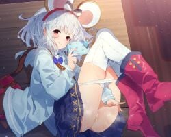 animal_ears bag blue_skirt censored fake_animal_ears gift granblue_fantasy highres long_sleeves looking_at_viewer masturbation panties pleated_skirt pussy_juice red_eyes red_footwear sawayaka_samehada shoulder_bag skirt smile thighhighs underwear vikala_(granblue_fantasy) white_hair