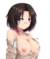 ashfair bangs blue_eyes breasts brown_hair cleavage closed_mouth collarbone dress_shirt elma_(dragon_maid) eyebrows_visible_through_hair female glasses looking_at_viewer medium_breasts miss_kobayashi's_dragon_maid multicolored_hair nipples off_shoulder one_breast_out open_clothes open_shirt parted_bangs pink_hair rimless_glasses see-through shirt simple_background smile solo sweat two_tone_hair upper_body white_background