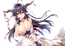 antenna_hair bandage bandaged_arm bangs bare_shoulders black_gloves blood blood_stain bloody_clothes bloom breasts crescent danua_(granblue_fantasy) doraf dress female finger_to_mouth fingerless_gloves gloves granblue_fantasy hair_between_eyes horn_ornament horns jewelry konomi_(kino_konomi) large_breasts long_hair looking_at_viewer necklace nipples pointy_ears purple_hair red_eyes shiny shiny_hair simple_background solo upper_body white_background white_dress